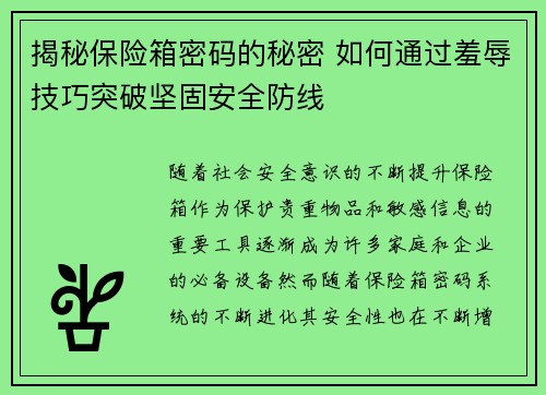揭秘保险箱密码的秘密 如何通过羞辱技巧突破坚固安全防线